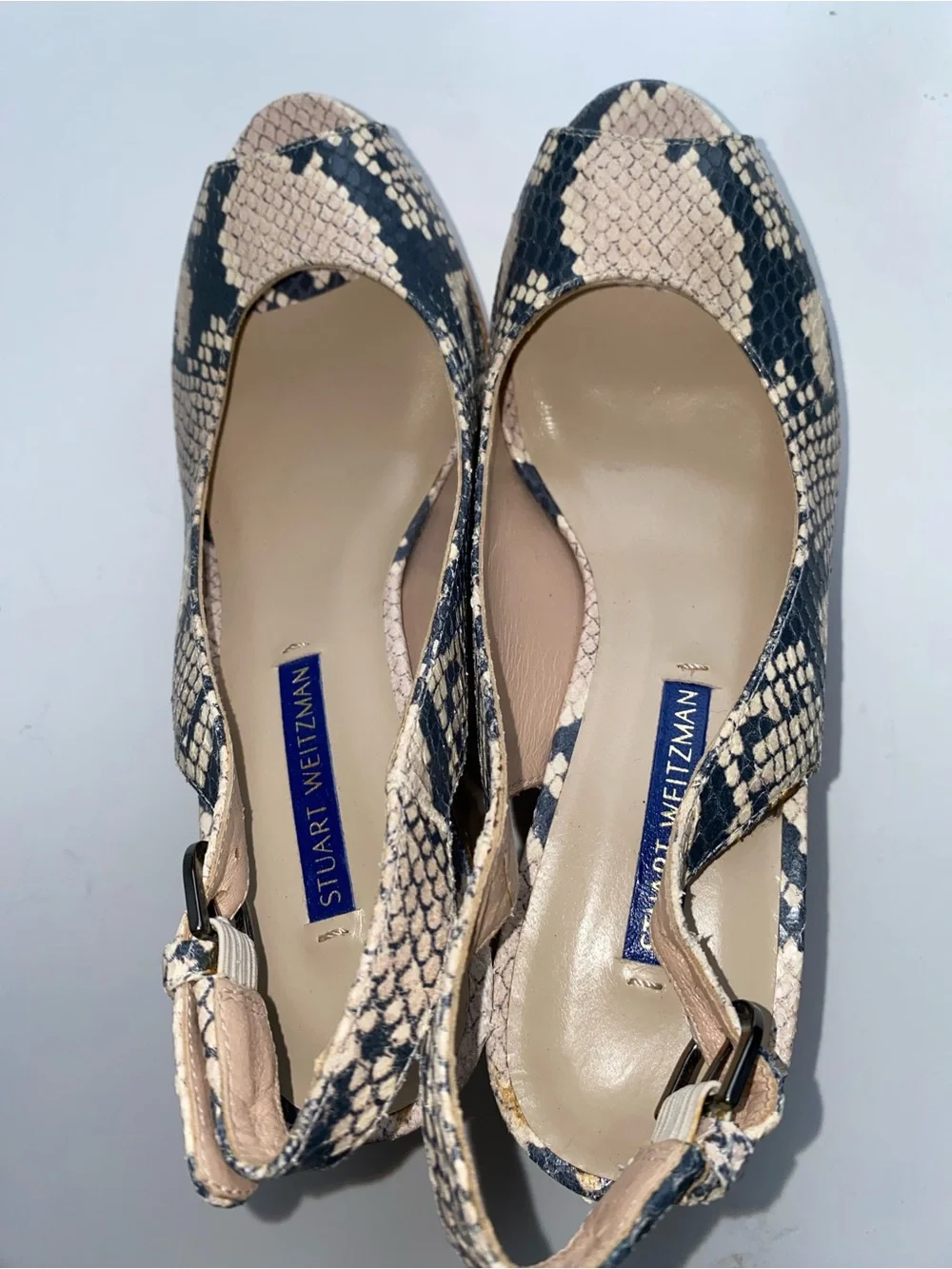 NEW Stuart Weitzman Snakeskin Cork Wedge Platform Sling backs, Size 5.5